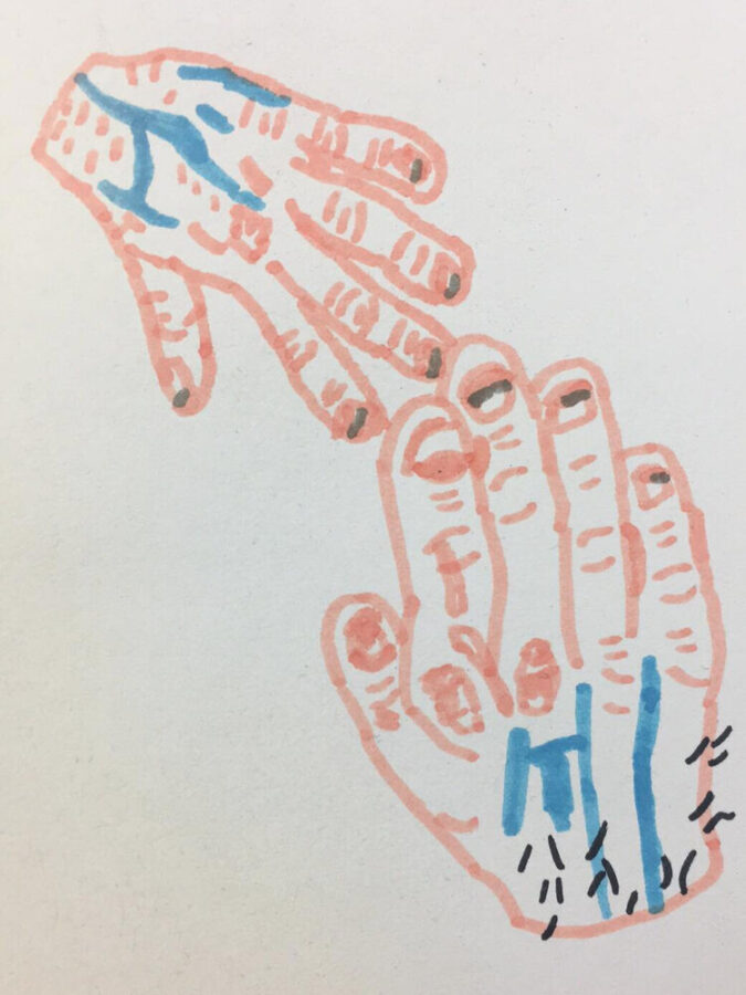 A drawing of hands touching by Sam